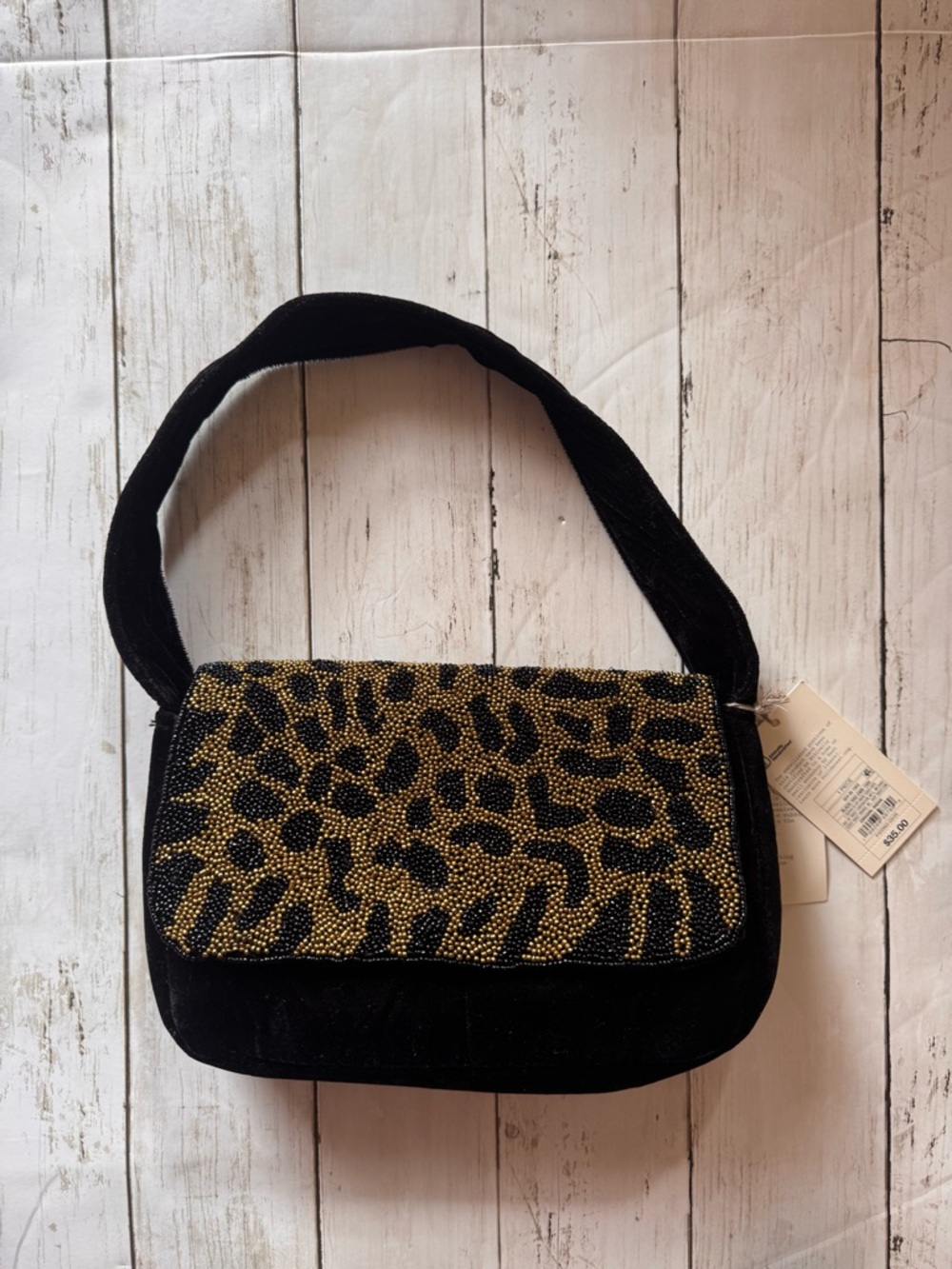 Beaded Leopard Print Shoulder Bag Black Velvet Mini Purse Y2K